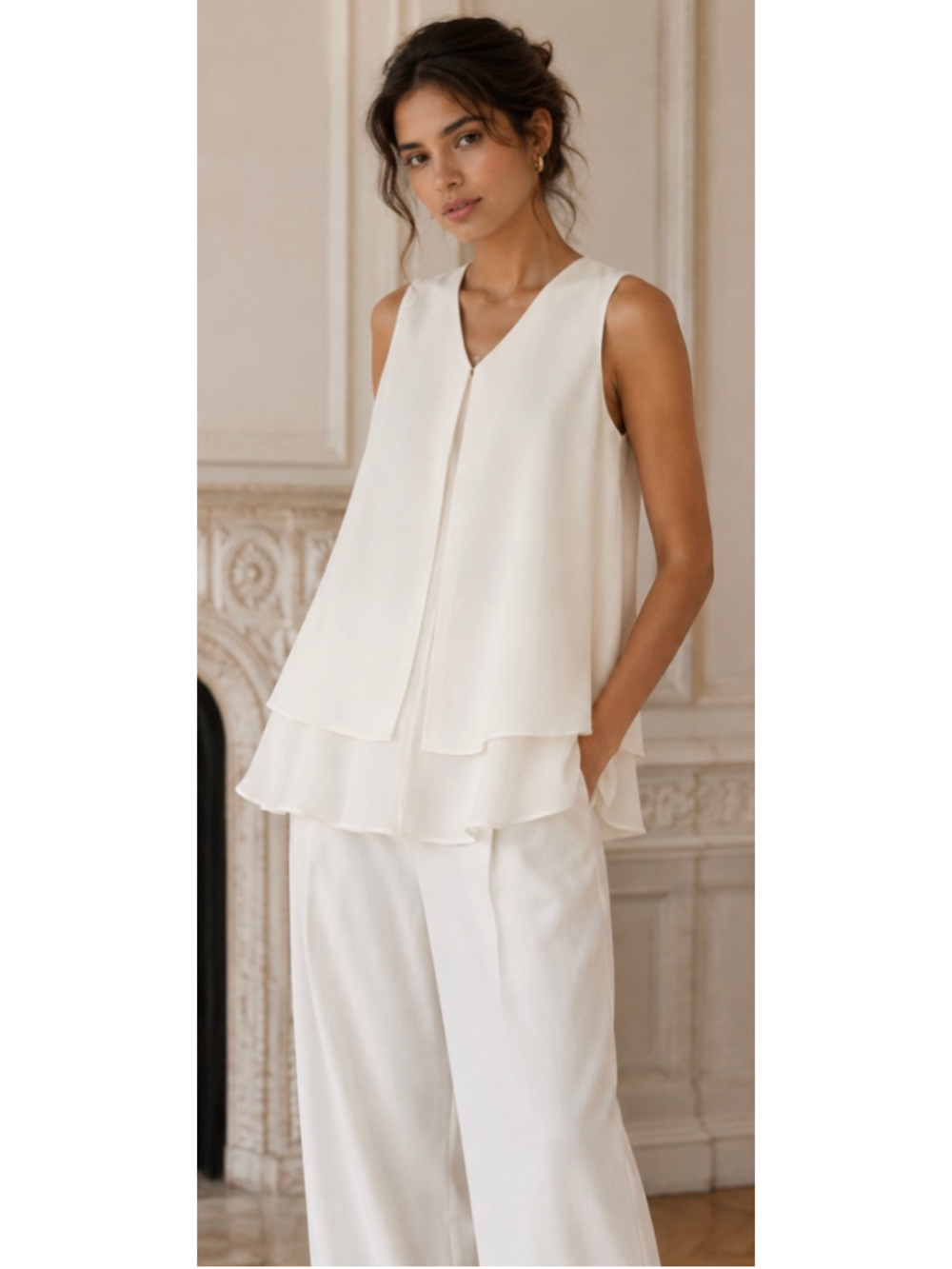 Emporio Armani Sleeveless Layered Silk Blouse Ivory Size 44/8 NWT FairyCore